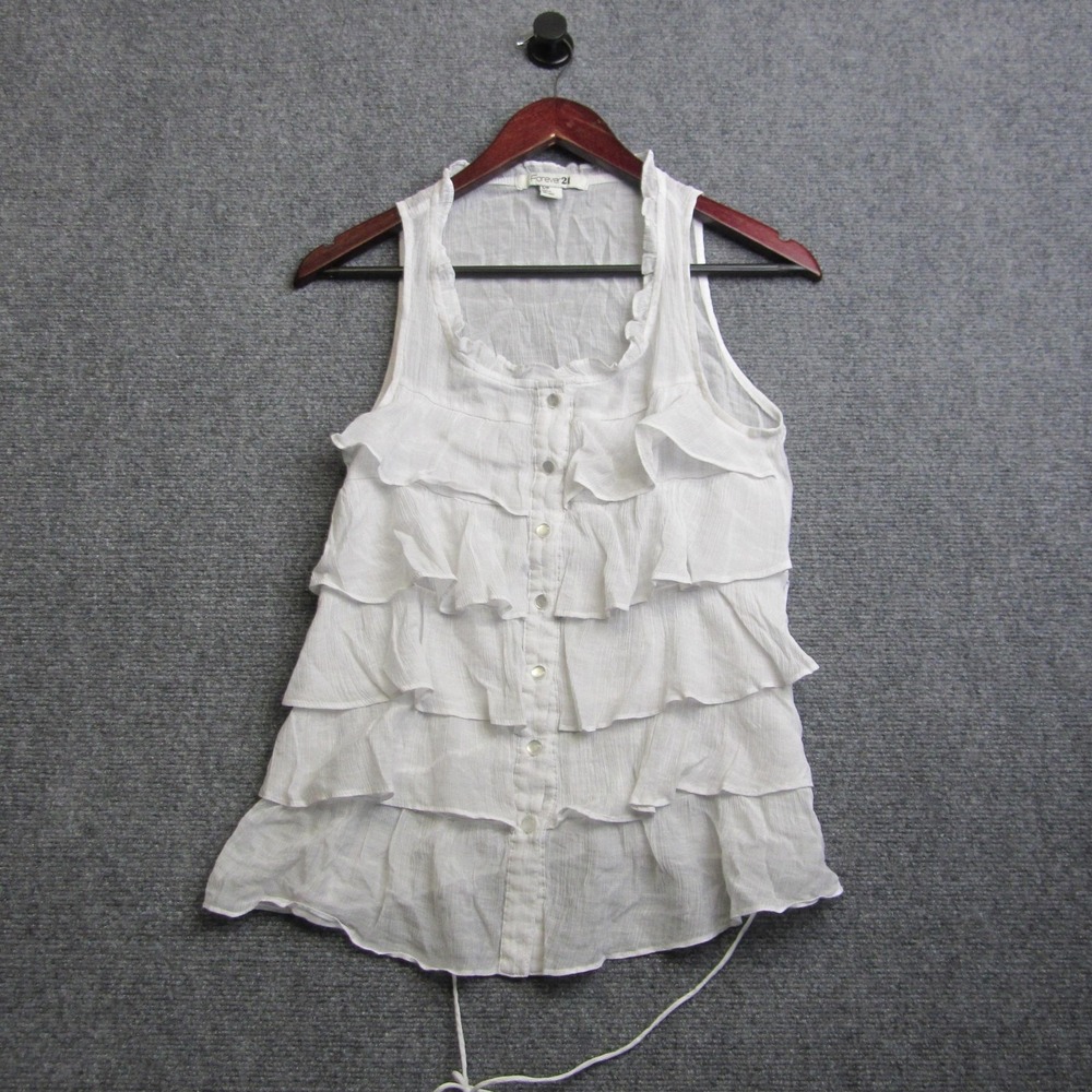 VTG Forever 21 Top Womens S White Ruffle Button Front Sheer Y2K 2000s Retro Boho